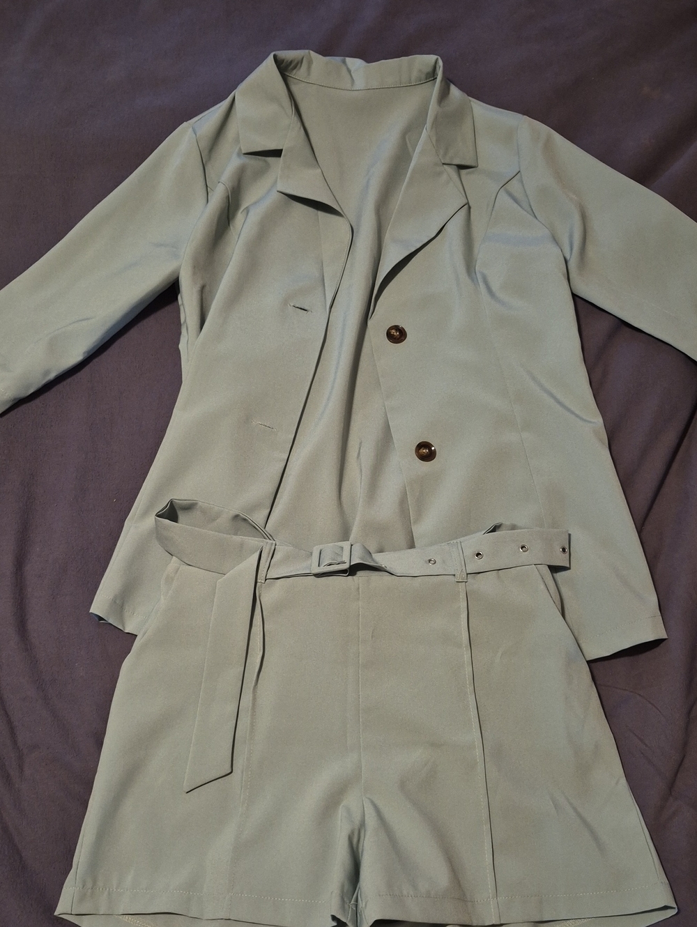 SHEIN Light Sage Green Belted Blazer & High-Waist Shorts Set